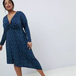 ASOS DESIGN Curve midi dress in polkadot w/ knot front & asymmetric hem, Size 20